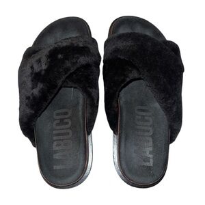 EUC LABUCQ MO Slides Sandal Genuine Leather Black Shearling IT 38 US 8 Luxury